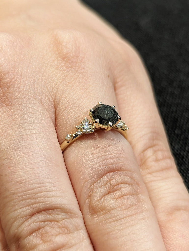 Raw Diamond Round Snowdrift Diamond, Salt and Pepper, Unique Engagement Ring, Snowdrift Cluster Ring, 14k Gold, Custom Handmade, Art Deco