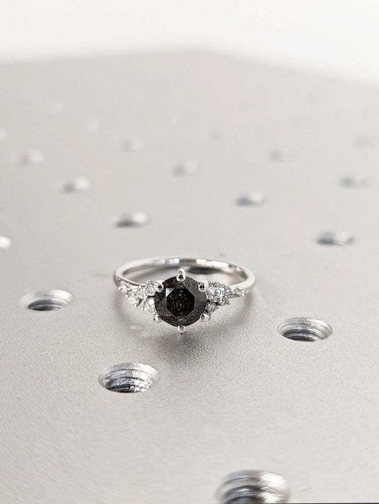 Raw Diamond Round Snowdrift Diamond, Salt and Pepper, Unique Engagement Ring, Snowdrift Cluster Ring, 14k Gold, Custom Handmade, Art Deco