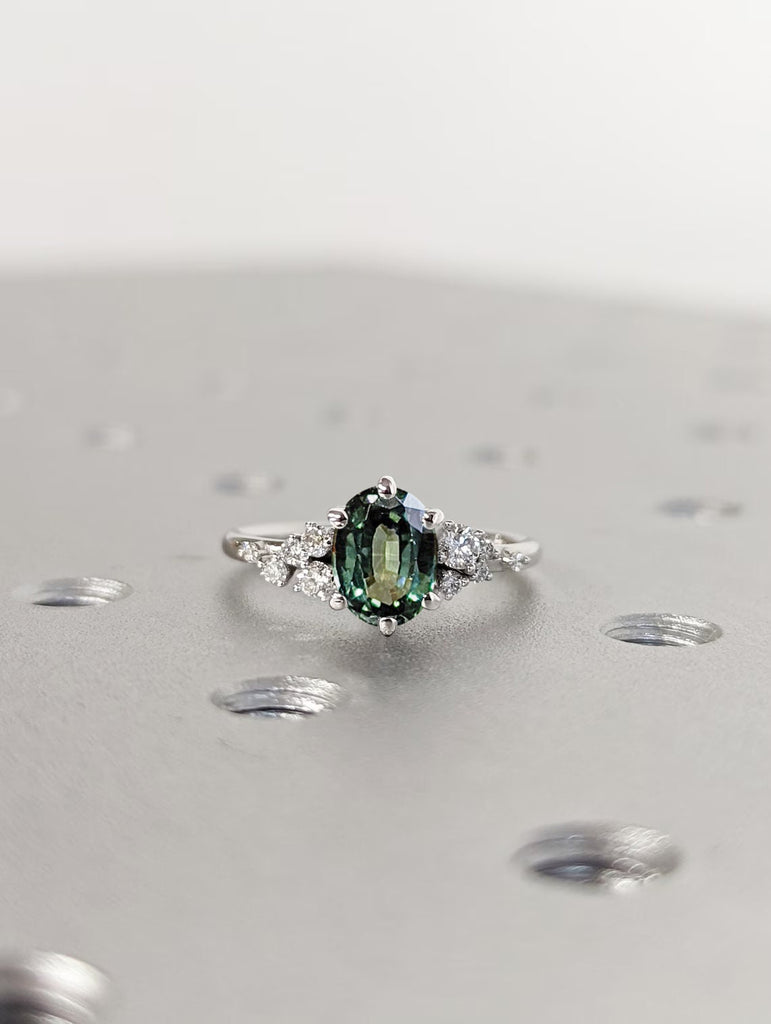 Blue Green sapphire ring. Peacock engagement ring. Oval Teal sapphire ring. 14k white gold engagement ring. Cluster diamond ring. Art deco.