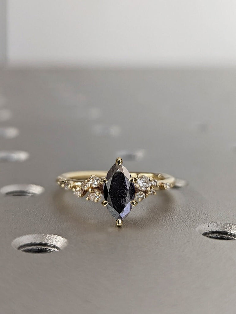 Salt And Pepper Ring Vintage Diamond Engagement Ring 14K Gold Unique Snowdrift 6 Prong Engagement Ring Diamond Wedding Ring For Her Art Deco