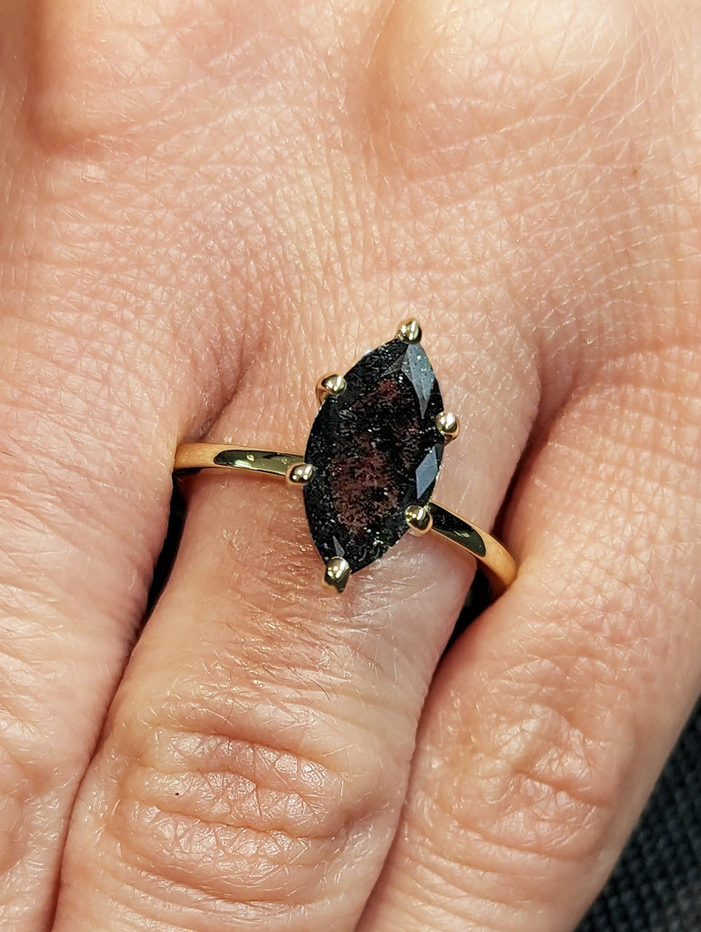 1 Carat Marquise Engagement Ring, Marquise Salt and Pepper Diamond Solitaire Engagement Ring, Wedding Ring, Anniversary Ring 14K Yellow Gold