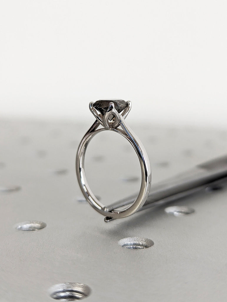 1.5cts Salt and Pepper Diamond Round Engagement Ring, Lotus Petal Ring, Solitaire Wedding Ring, White Gold Diamond Ring, 4 Prong Tulip Ring