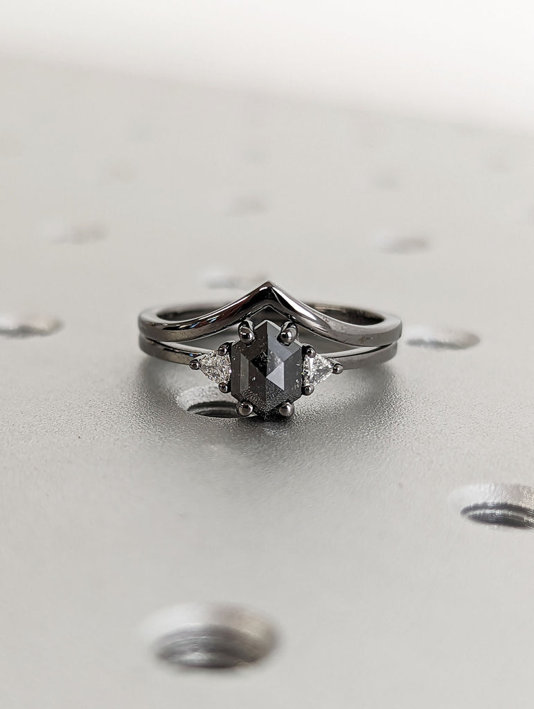 1ct Hexagon Salt and Pepper Diamond Engagement Ring Set | 14K Black Gold Triangle Diamond Promise Ring | Unique Wedding Anniversary Ring