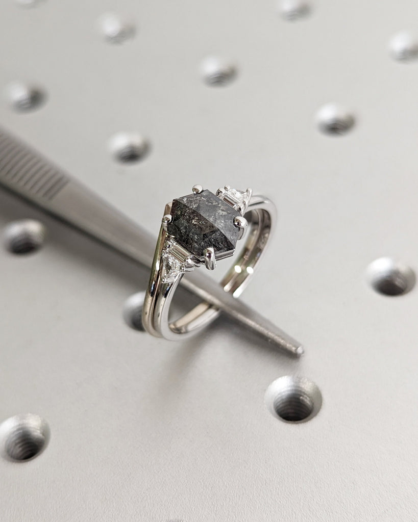 Raw Diamond Hexagon Diamond, Salt and Pepper, Unique Bridal Engagement Set, Triangle Baguette Cut Geometric Moissanite Ring, Custom Handmade