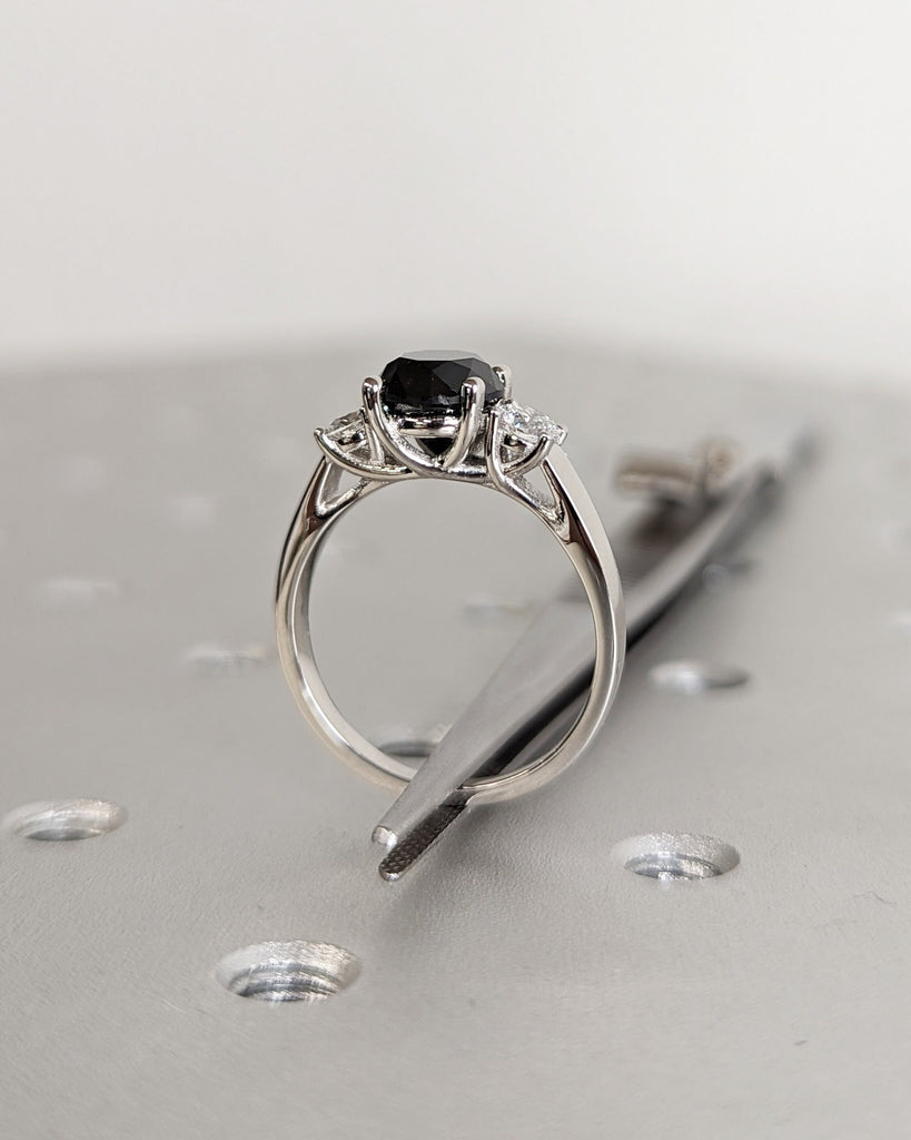 Black Diamond Three Stone Ring, White Gold Wedding Ring, Anniversary Ring, Unique Ring, Engagement Band, Proposal Ring, Simple Promise Ring