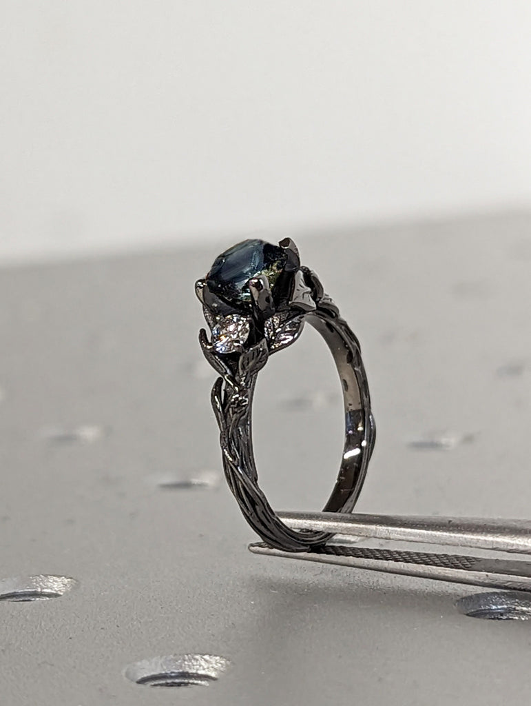 Seductive 1ct Round Peacock Sapphire 14K Black Gold Engagement Ring