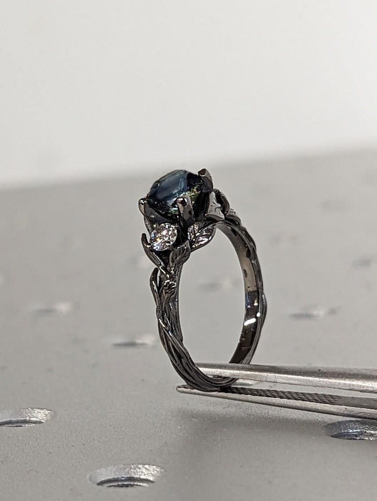 Seductive 0.5ct Round Peacock Sapphire 14K Black Gold Engagement Ring