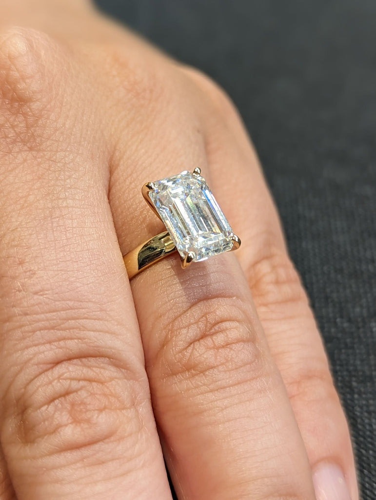 4ct Emerald cut Moissanite Solitaire 14K Yellow Gold Wedding Anniversary Ring