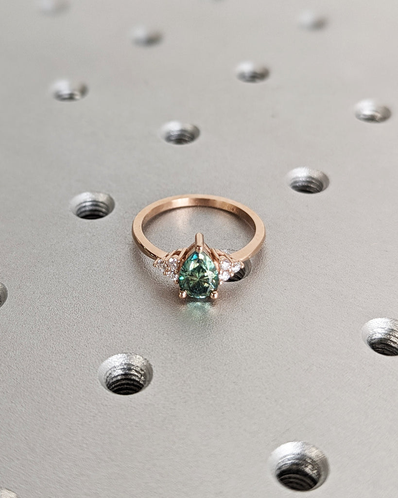 Pear Green Moissanite Engagement Ring, Heavenly Wedding Ring, Cyan Blue Moissanite Ring, Ring for Women, Anniversary Gift Ring, Cluster Ring