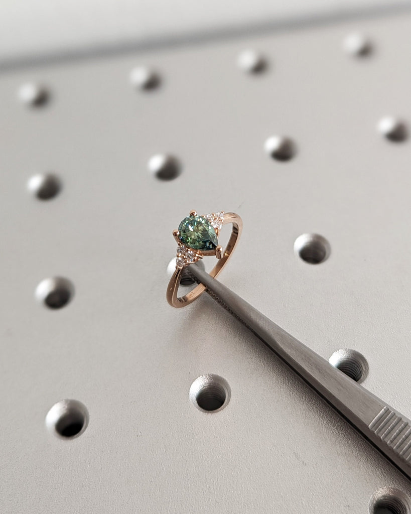 Pear Green Moissanite Engagement Ring, Heavenly Wedding Ring, Cyan Blue Moissanite Ring, Ring for Women, Anniversary Gift Ring, Cluster Ring