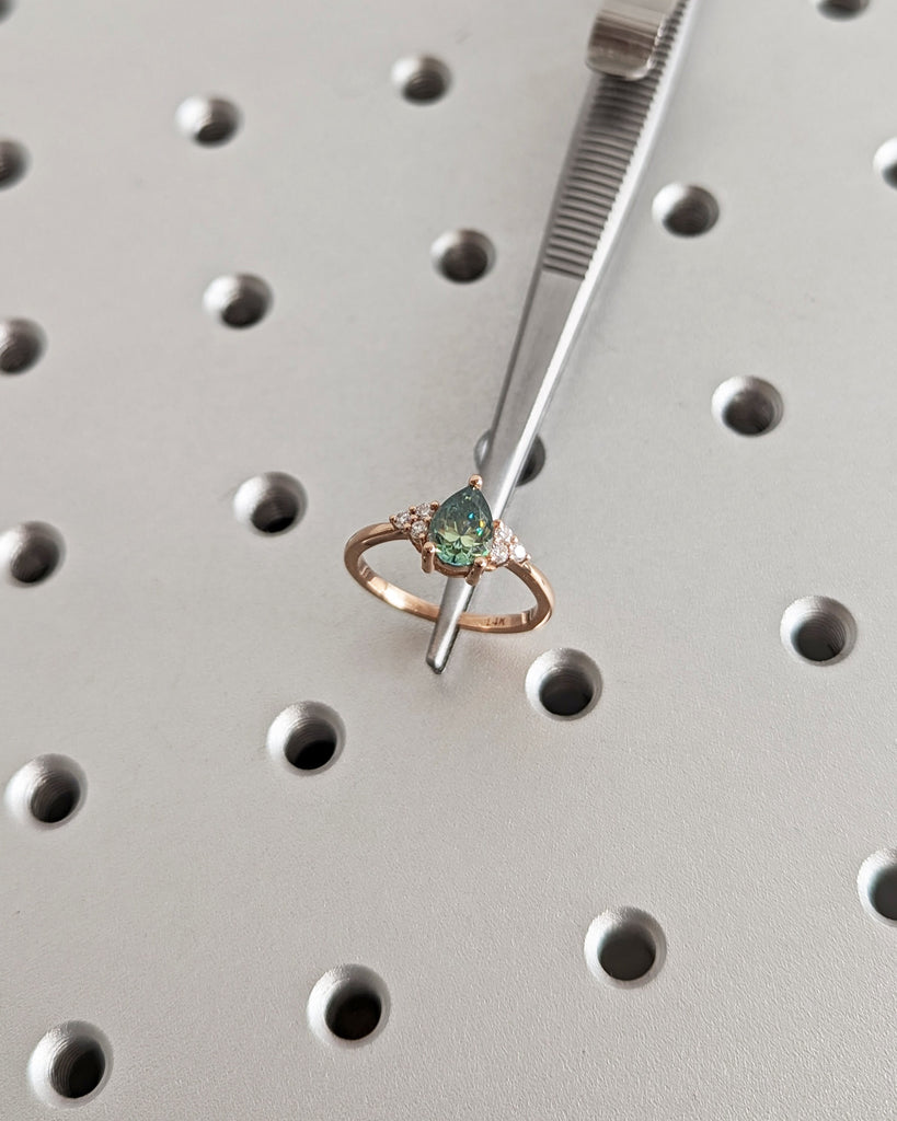 Pear Green Moissanite Engagement Ring, Heavenly Wedding Ring, Cyan Blue Moissanite Ring, Ring for Women, Anniversary Gift Ring, Cluster Ring