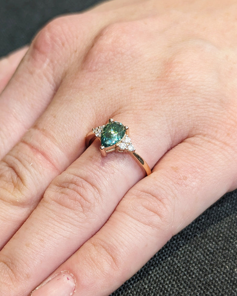 Pear Green Moissanite Engagement Ring, Heavenly Wedding Ring, Cyan Blue Moissanite Ring, Ring for Women, Anniversary Gift Ring, Cluster Ring