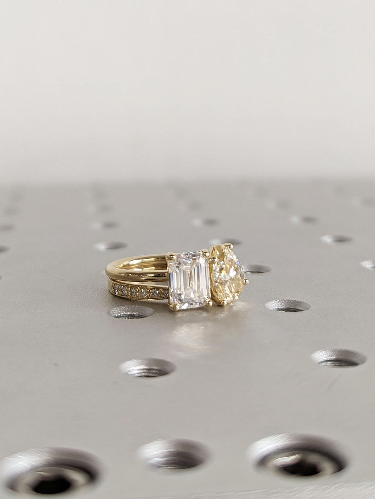 2ct Yellow and White Moissanite 14K Yellow Gold Matching Engagement Ring Set