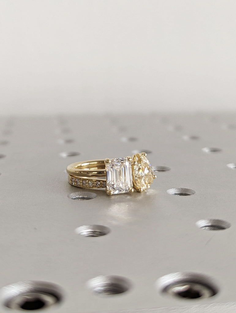 2ct Yellow and White Moissanite 14K Yellow Gold Matching Engagement Ring Set