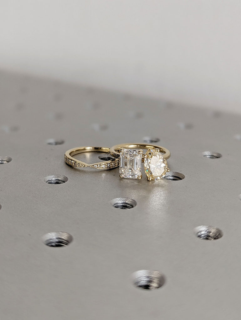 14K Yellow Gold Bow Tie Diamond Half Eternity Matching Wedding Ring Set 2ct Yellow Moissanite Engagement Ring