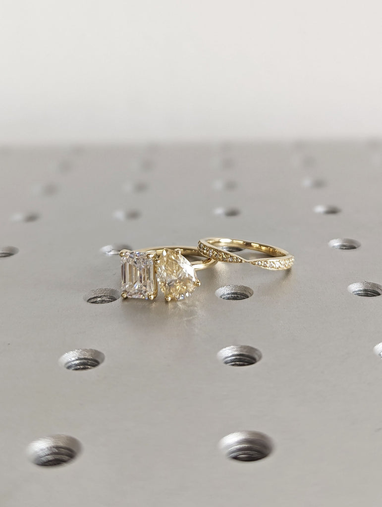 2ct Pear Cut Yellow Moissanite Emerald Cut White Moissantie 14K Yellow Gold Bow Tie Diamond Engagement Ring Set