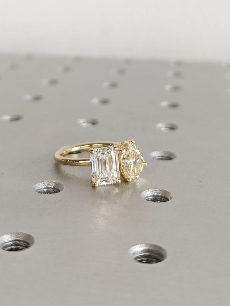 2ct Pear and Emerald cut Moissanite 14K Yellow Gold Wedding Anniversary Ring