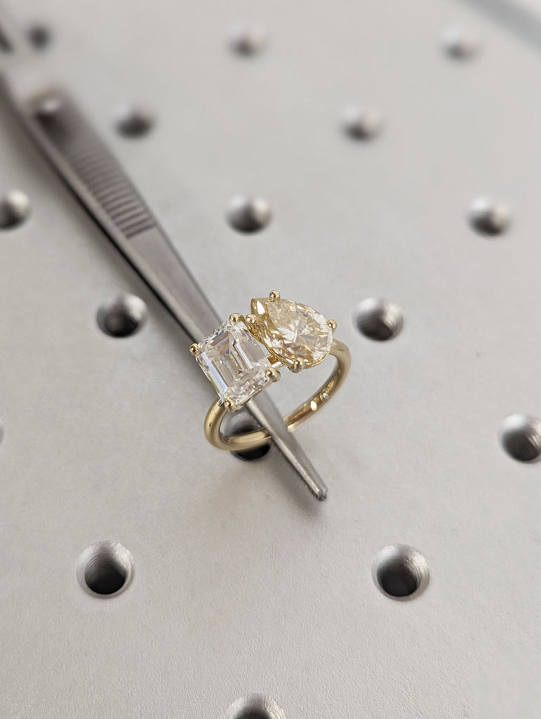 2ct Pear cut Yellow and White Emerald cut Moissanite 14K Yellow Gold Engagement Ring