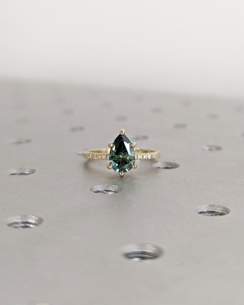 Colored Moissanite Engagement, Green Moissanite Ring, Vintage Blue-Green Pear Engagement Ring, Green Color Moissanite, Diamond Hidden Halo