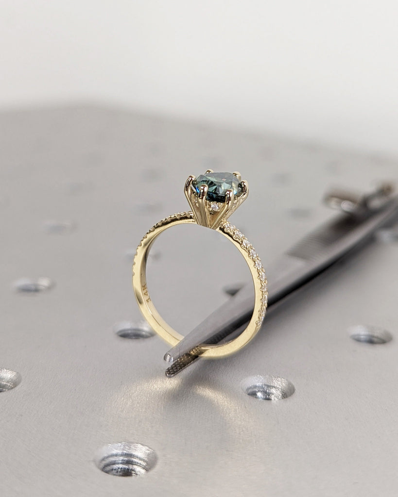 Colored Moissanite Engagement, Green Moissanite Ring, Vintage Blue-Green Pear Engagement Ring, Green Color Moissanite, Diamond Hidden Halo