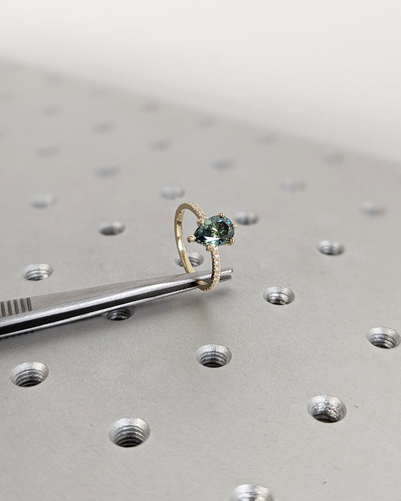 Colored Moissanite Engagement, Green Moissanite Ring, Vintage Blue-Green Pear Engagement Ring, Green Color Moissanite, Diamond Hidden Halo