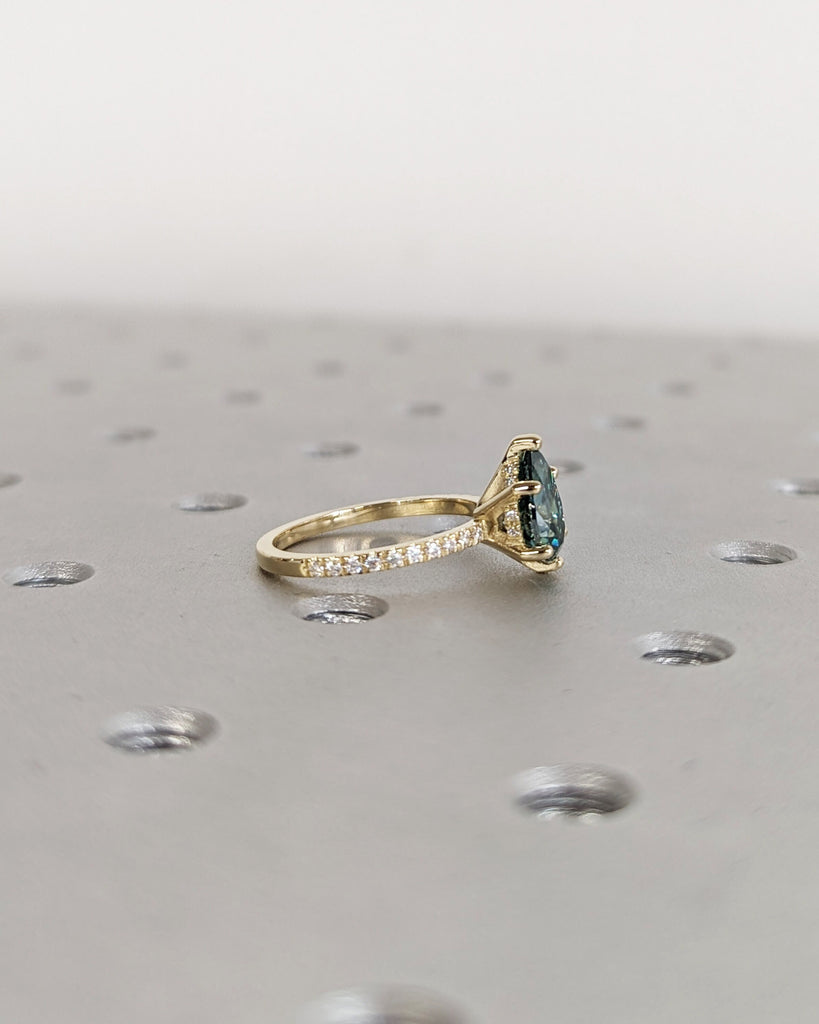 Colored Moissanite Engagement, Green Moissanite Ring, Vintage Blue-Green Pear Engagement Ring, Green Color Moissanite, Diamond Hidden Halo