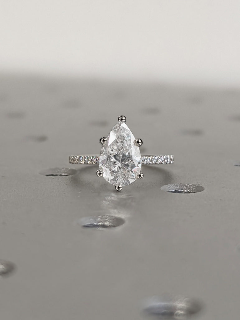 2.5ct Pear Cut Moissanite White Gold Diamond HIdden Halo Engagement Ring
