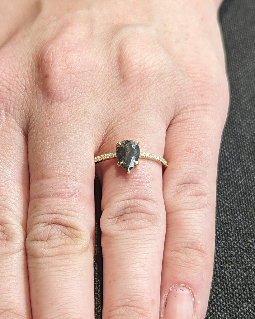 1 Carat 1920's Raw Salt and Pepper Diamond, Pear Diamond Ring, Unique Engagement Bridal , Black, Gray Pear 18k Yellow Rose White Black Gold