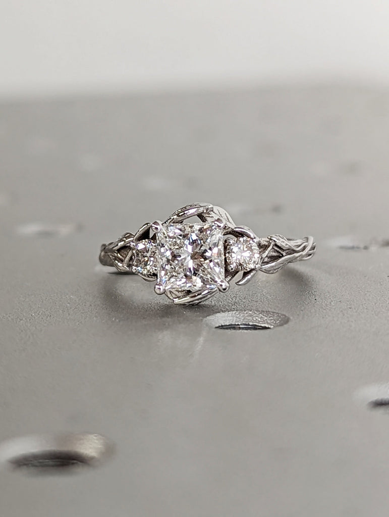 1ct Princess cut Moissanite 14K White Gold Vintage Leaf Motif Engagement Ring