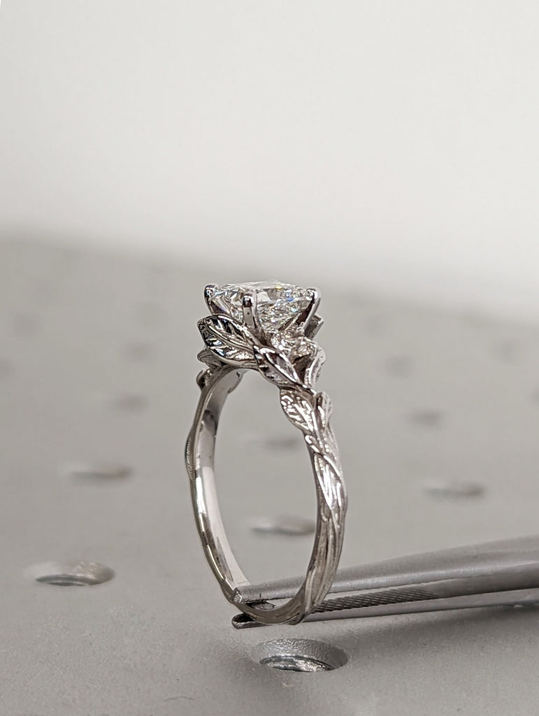 Nature Inspired 1ct Princess cut Moissanite 14K White Gold Art Deco Twig Ring