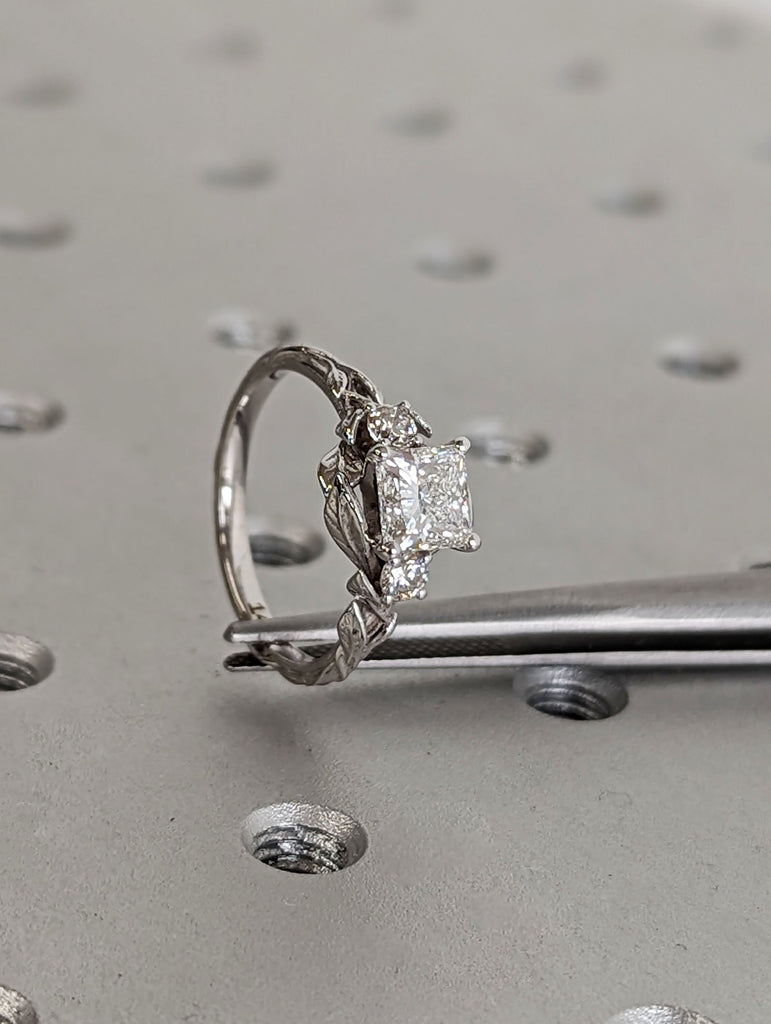 Nature Inspired 1ct Princess cut Moissanite 14K White Gold Leaves Motif Wedding Ring