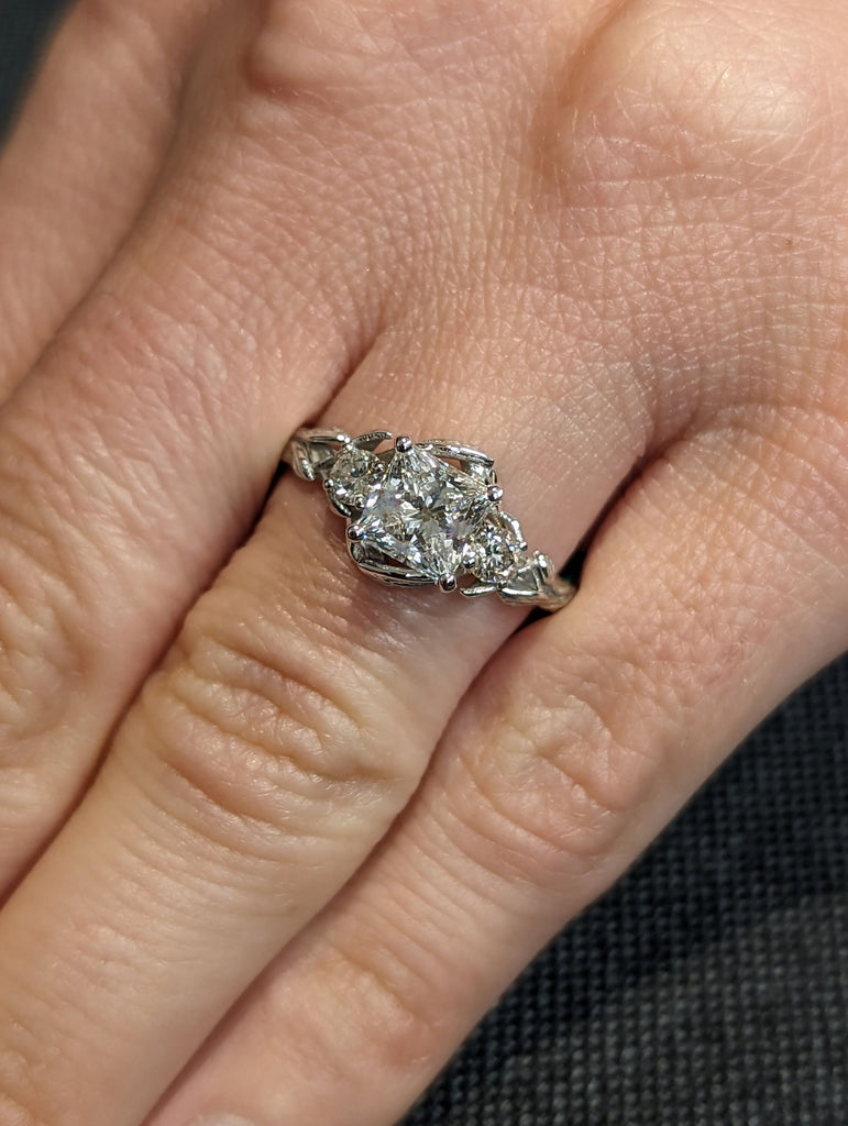 Nature Inspired 1ct Princess cut Moissanite 14K White Gold Unique Vintage Engagement Ring