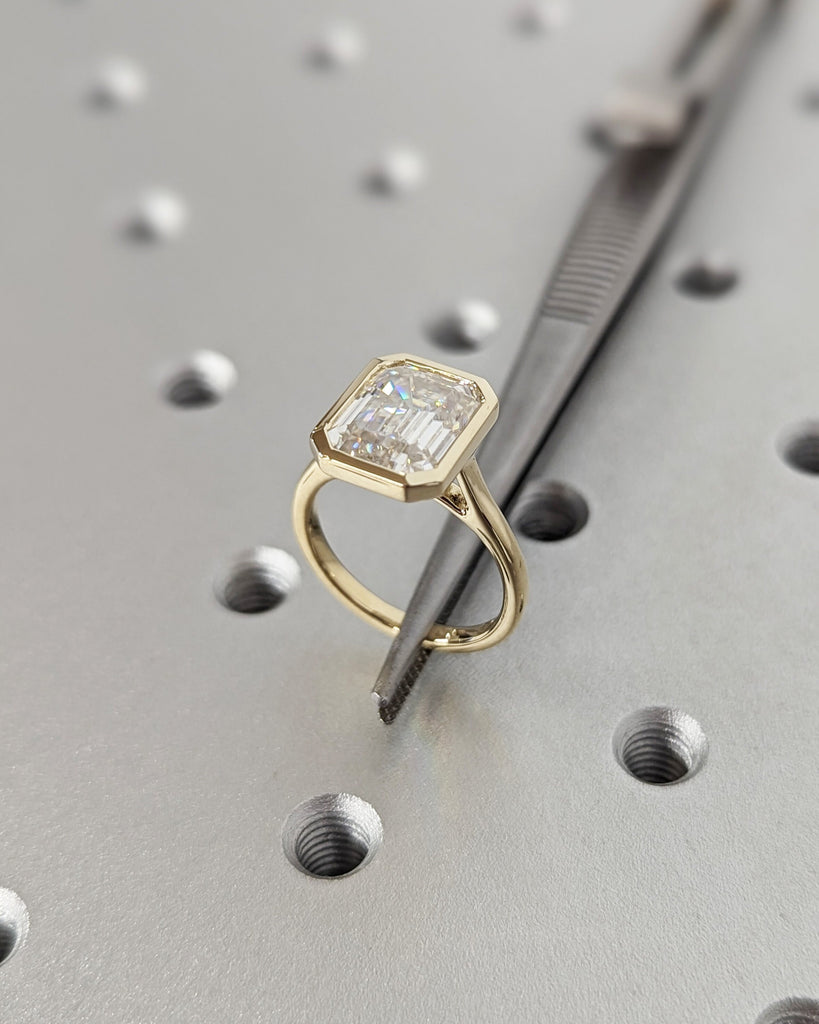 3CT Emerald Cut Moissanite Solitaire Ring, 14K Yellow Gold Engagement Ring, Bezel Setting, Statement Ring, Gift For Her, Minimalist, Unique