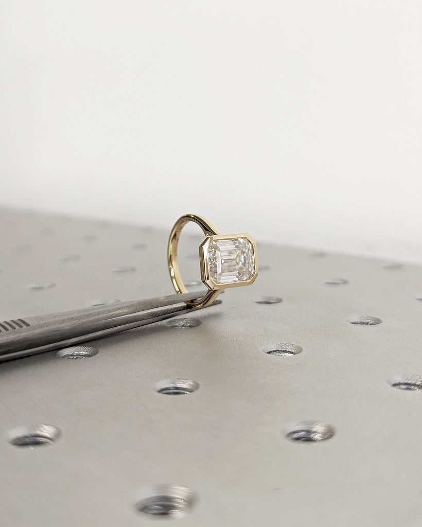 3CT Emerald Cut Moissanite Solitaire Ring, 14K Yellow Gold Engagement Ring, Bezel Setting, Statement Ring, Gift For Her, Minimalist, Unique