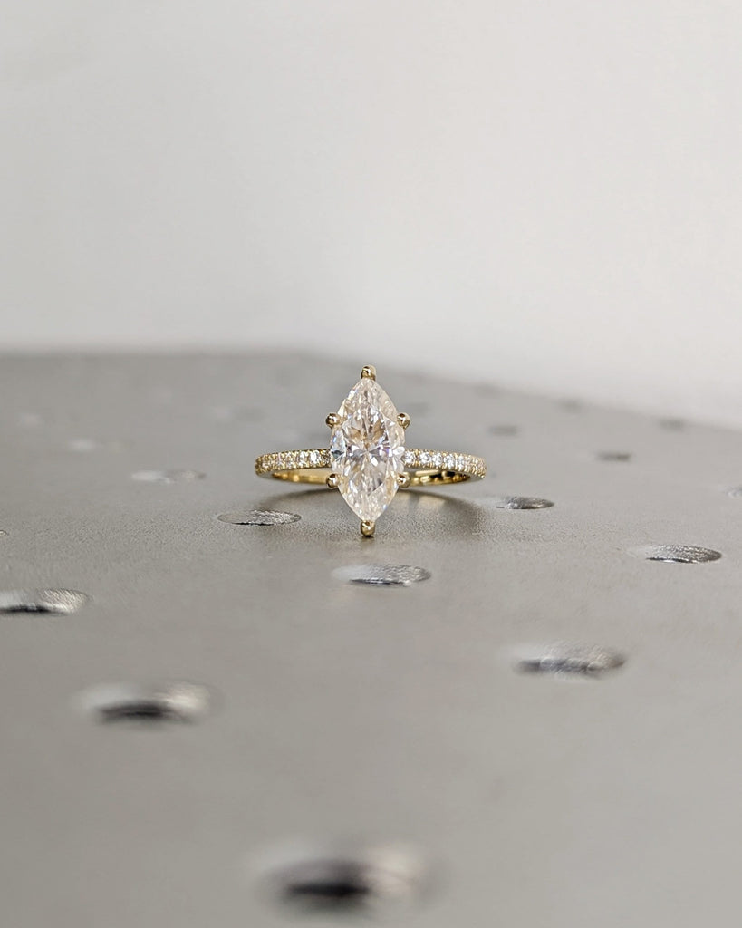 1.5ct Marquise Lab Diamond Solitaire Engagement Ring | 14K Yellow Gold Diamond Hidden Halo Promise Ring | Custom Wedding Anniversary Ring