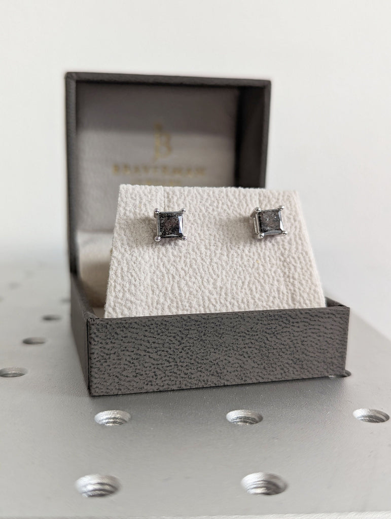 14K White Gold Princess cut Salt and Pepper Diamond Stud Earrings