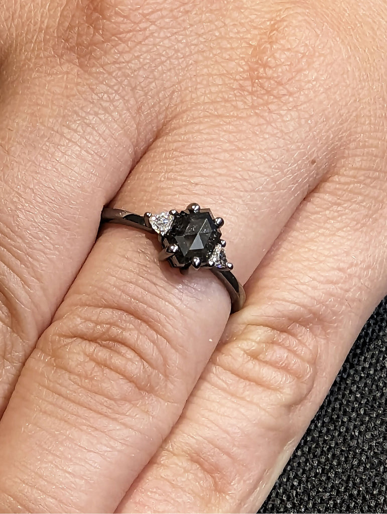 1ct Hexagon cut Salt and Pepper Diamond 14K Black Gold Engagement Ring