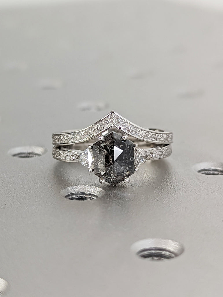 Raw Diamond Hexagon Triangle Moissanite, Salt and Pepper, Plain Unique Bridal Engagement Set, Rose Cut Geometric Diamond, Custom Handmade