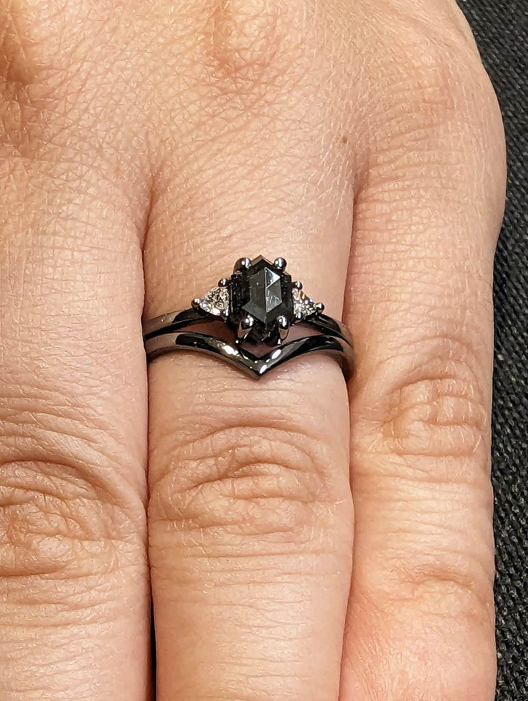 1ct Hexagon Salt and Pepper Diamond Engagement Ring Set | 14K Black Gold Triangle Diamond Promise Ring | Unique Wedding Anniversary Ring