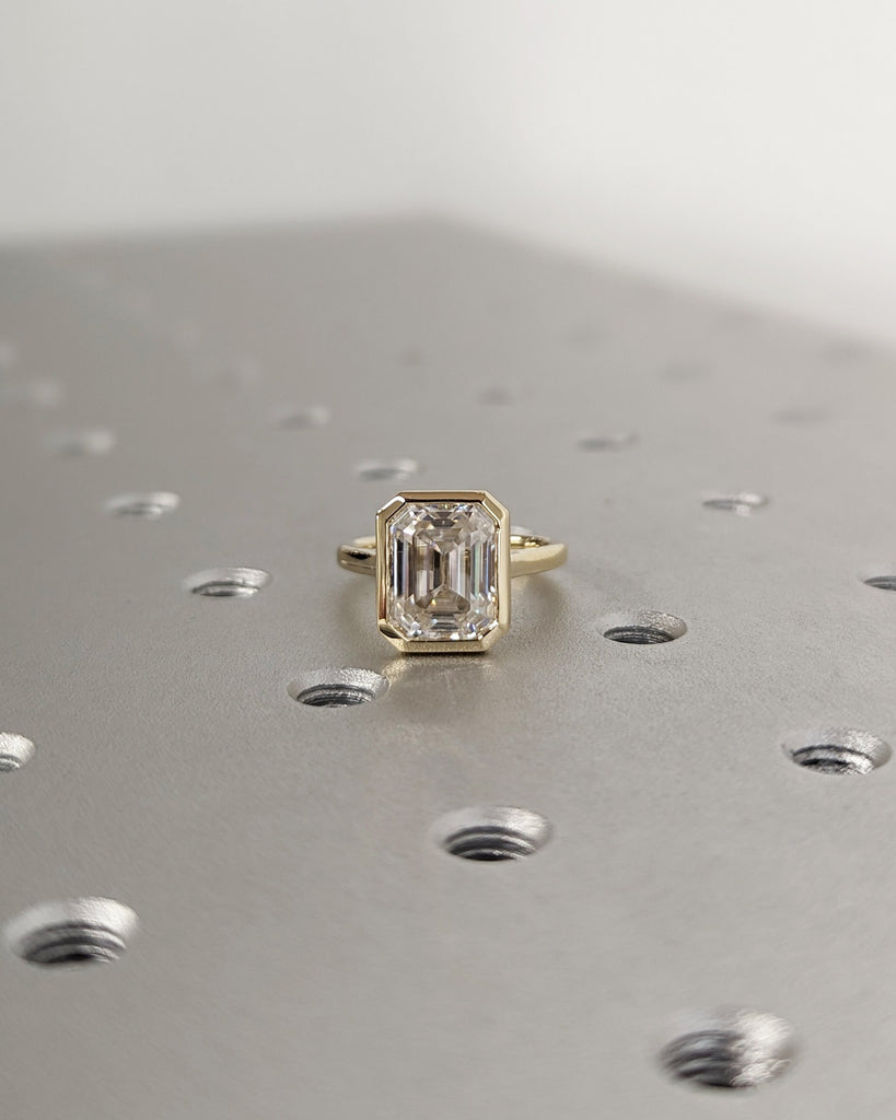 3CT Emerald Cut Lab Grown Diamond Solitaire Ring, 14K Yellow Gold Engagement Ring, Bezel Setting, Statement Ring, Gift For Her, Minimalist