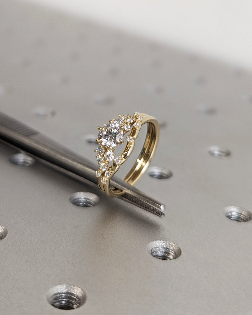 0.5ct Round Moissanite 14K Yellow Gold Engagement Ring | Unique Snowdrift 6 prong Moissanite Cluster Proposal Ring | Wedding Ring for Women