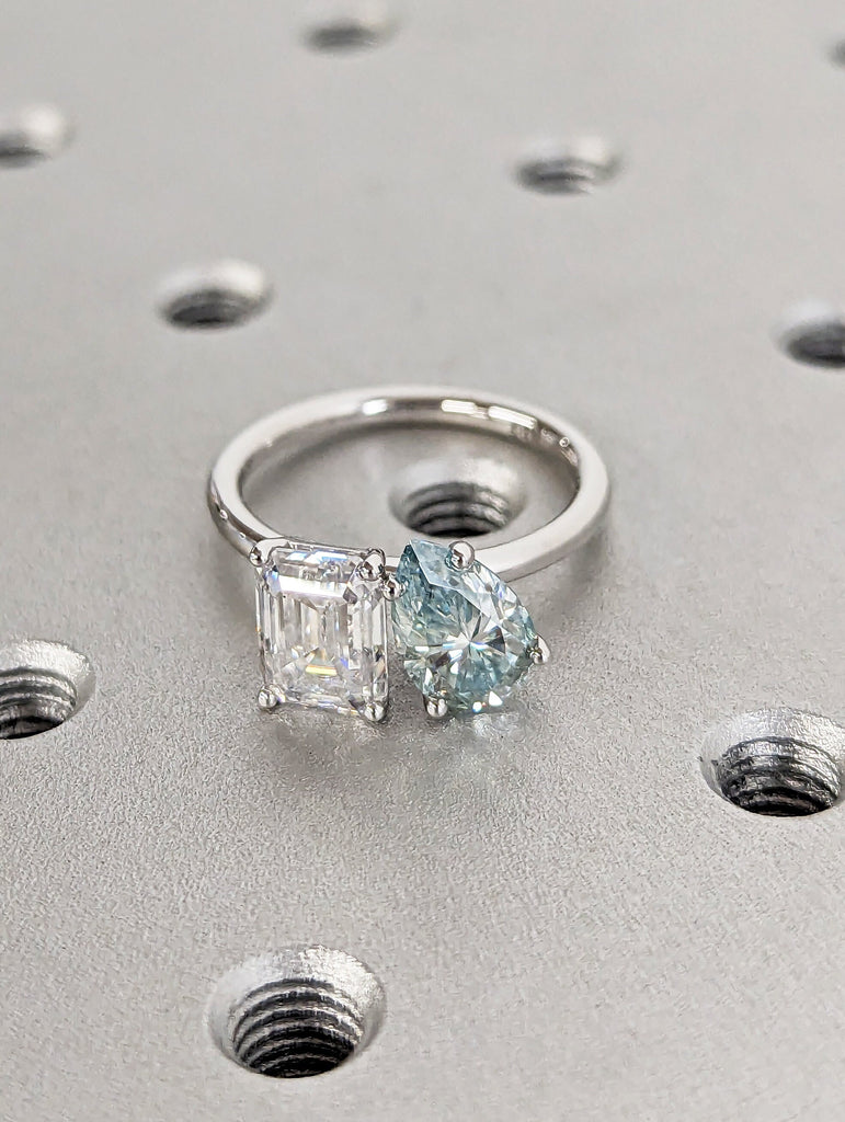 Pear and Emerald Cut Toi Et Moi Moissanite Ring / Light Blue Pear Moissanite Engagement Ring / White Gold Anniversary Ring / Two Stone Ring