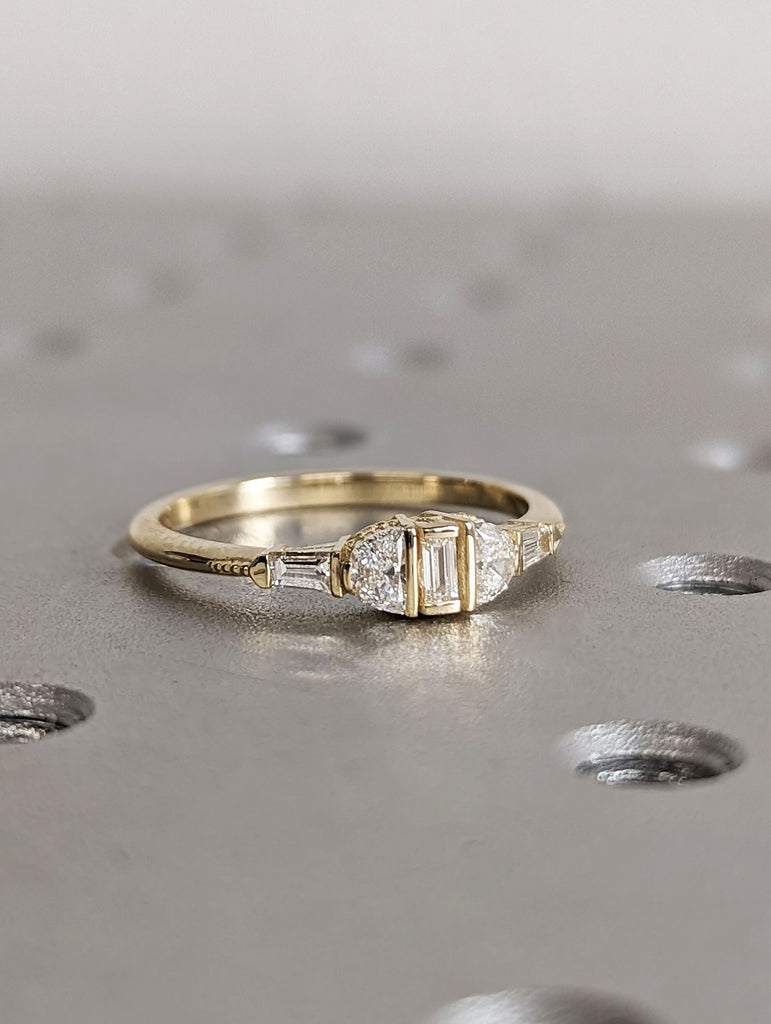 14K Yellow Gold Half Moon, Baguette Diamond Promise Ring Milgrain Engraving