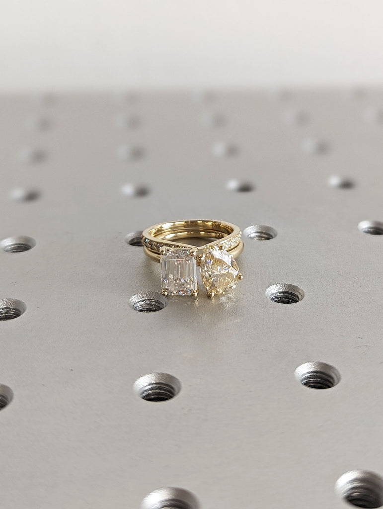 2ct Pear and Emerald cut Moissanite 14K Yellow Gold Matching Wedding Anniversary Ring Set
