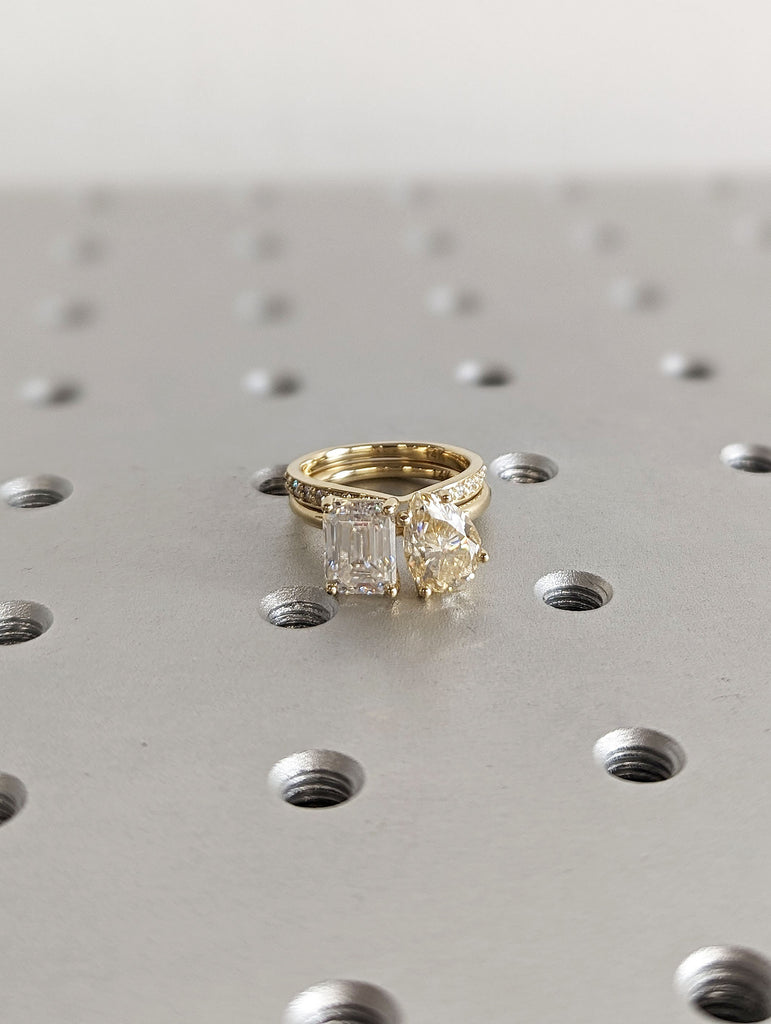 2ct Pear and Emerald cut Moissanite 14K Yellow Gold Matching Wedding Anniversary Ring Set