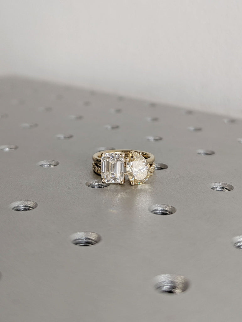 Toi et Moi 2ct Pear and Emerald cut Moissanite Solitaire Ring 14K Yellow Gold Matching Diamond Wedding Band Set