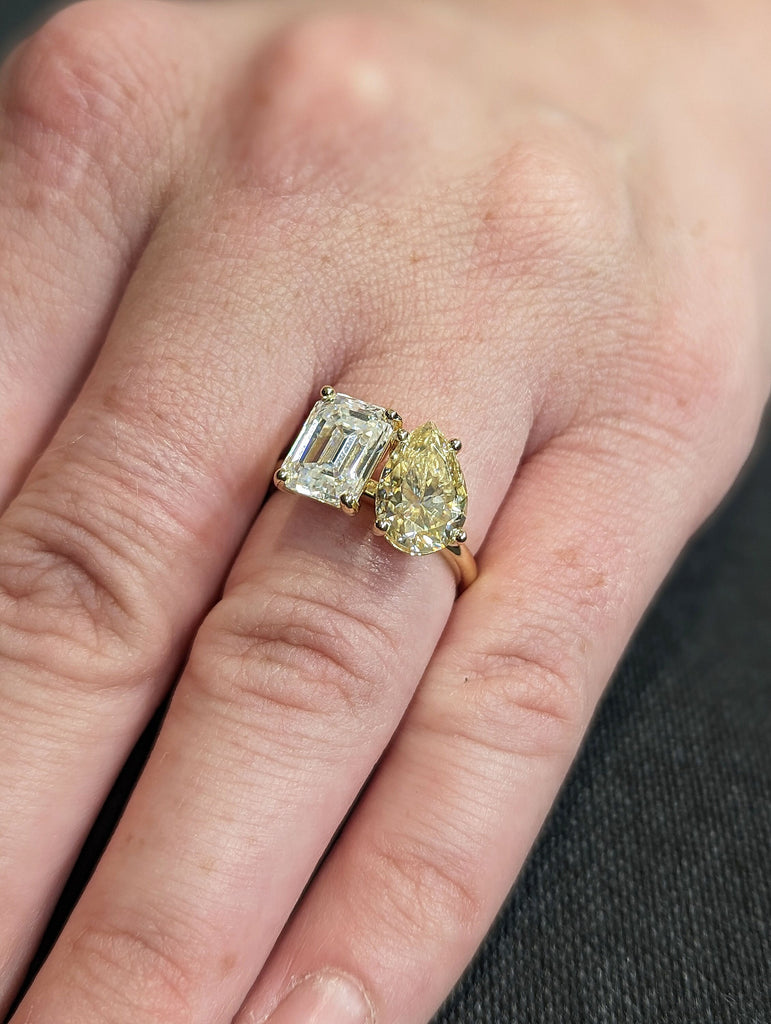 2 Stone Pear and Emerald Cut, Champagne and White Moissanite Promise Ring