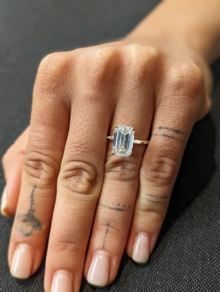 4 Carat Emerald Cut Moissanite Engagement Ring, Marquise Cut Engagement Ring, Dainty Wedding Ring, 4 ct Solid 14k Minimalist Ring, Art Deco