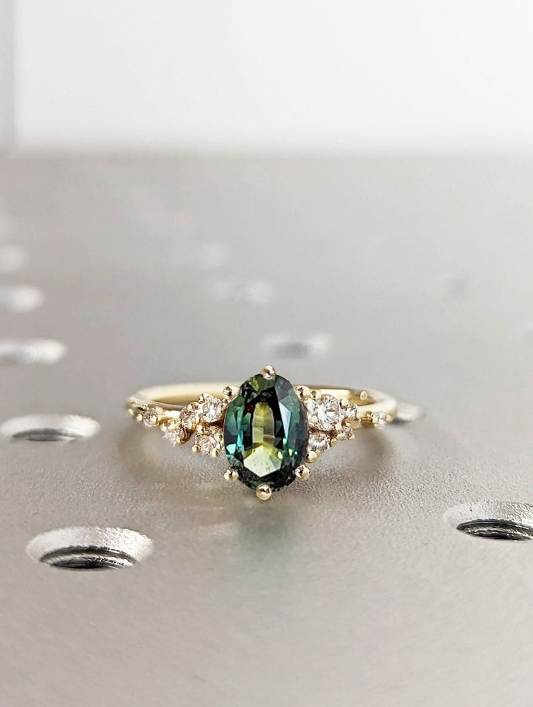 Blue Green Sapphire Ring. Peacock Engagement Ring. Oval Teal Sapphire Ring. 14K Yellow Gold Engagement Ring. Cluster Diamond Ring. Art Deco.