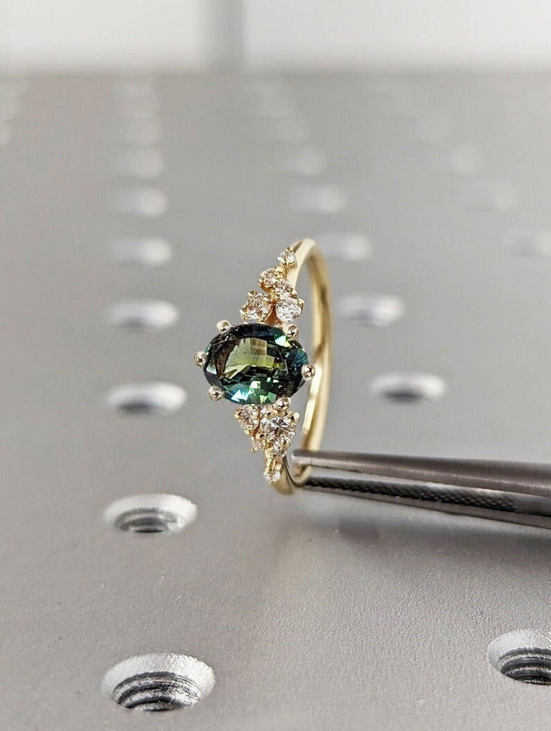 Blue Green Sapphire Ring. Peacock Engagement Ring. Oval Teal Sapphire Ring. 14K Yellow Gold Engagement Ring. Cluster Diamond Ring. Art Deco.